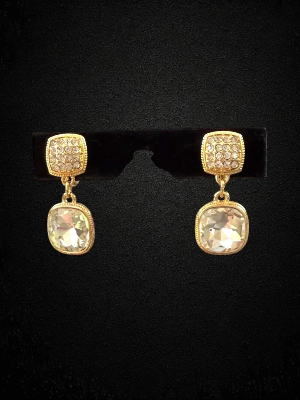 Vintage Monet Clear Rhinestone Glass Drop Clip Earrings Gold Tone Square Dangle
